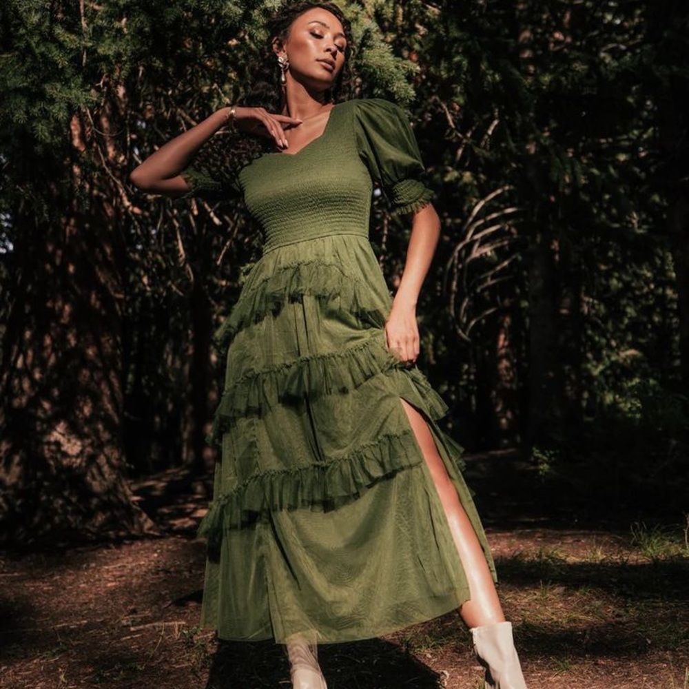 JessaKae Olive Green Maxi Dress with Puff Sleeves, Large